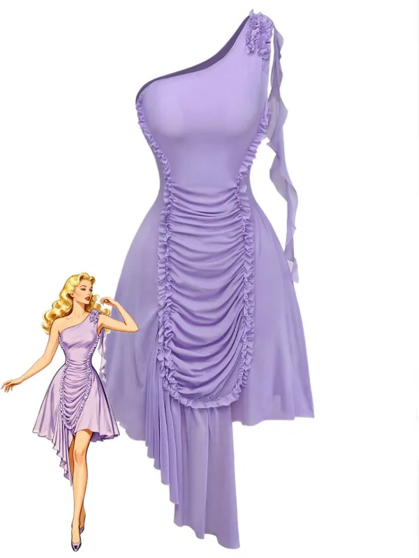 Purple 1970s Mesh One-Shoulder Ruffled Asymmetrical Dress sold by Retro Stage