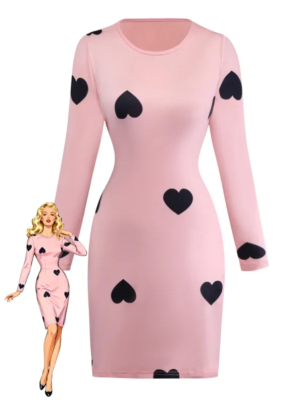 Pink 1960s Heart Round Neck Bodycon Dress sold by Retro Stage