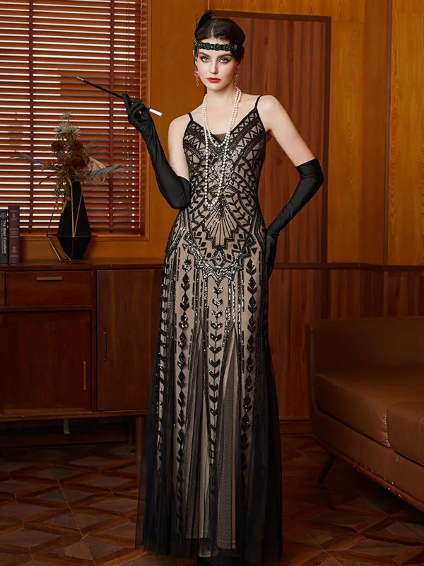 Black 1920s Gatsby Sequin Mesh Maxi Evening Dress sold by Retro Stage