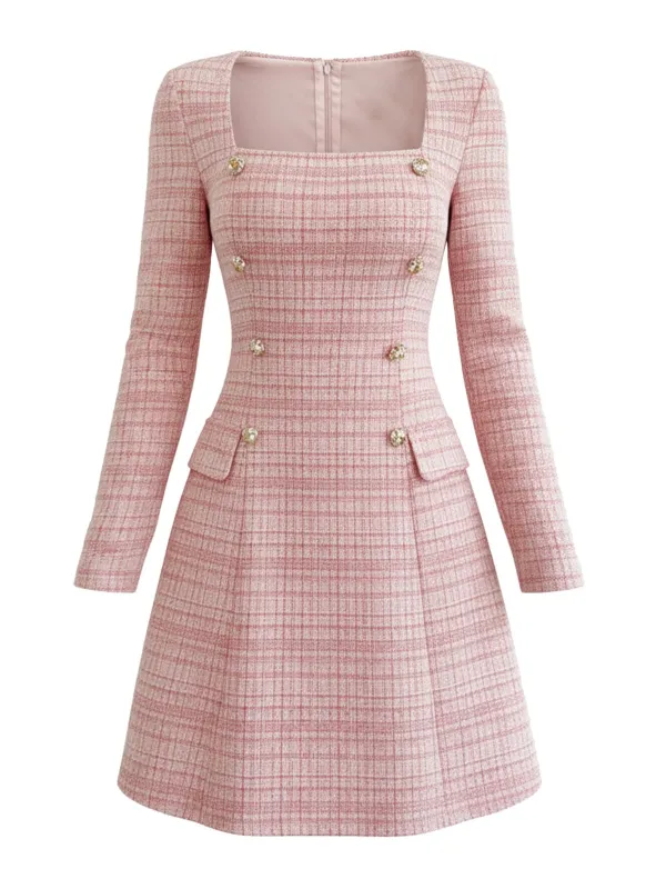 Pink 1960s Plaid Tweed Buttoned Square Neck Dress sold by Retro Stage