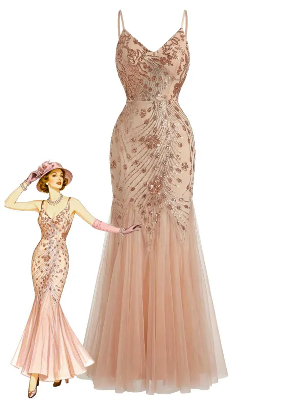 Beige 1920s Sequin Mesh Backless Mermaid Evening Dress sold by Retro Stage