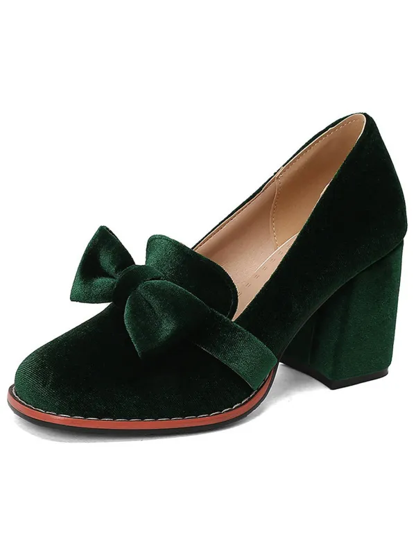 Solid Velvet Bow Detail Block Heel Shoes sold by Retro Stage