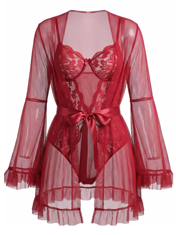 Red 1960s Solid Sheer Lace Patchwork Sleepwear Set sold by Retro Stage