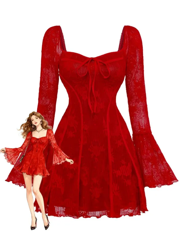 Red 1960s Floral Bow Bell-Sleeve Knit Dress made by Retro Stage