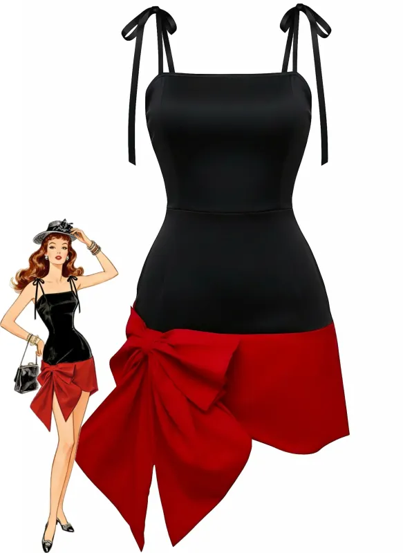 Black 1960s Square Neck Red Bow Tie Dress sold by Retro Stage