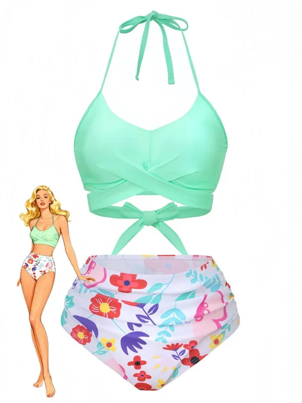 Mint Green 1940s Floral High-Waist Bikini Swimsuit sold by Retro Stage
