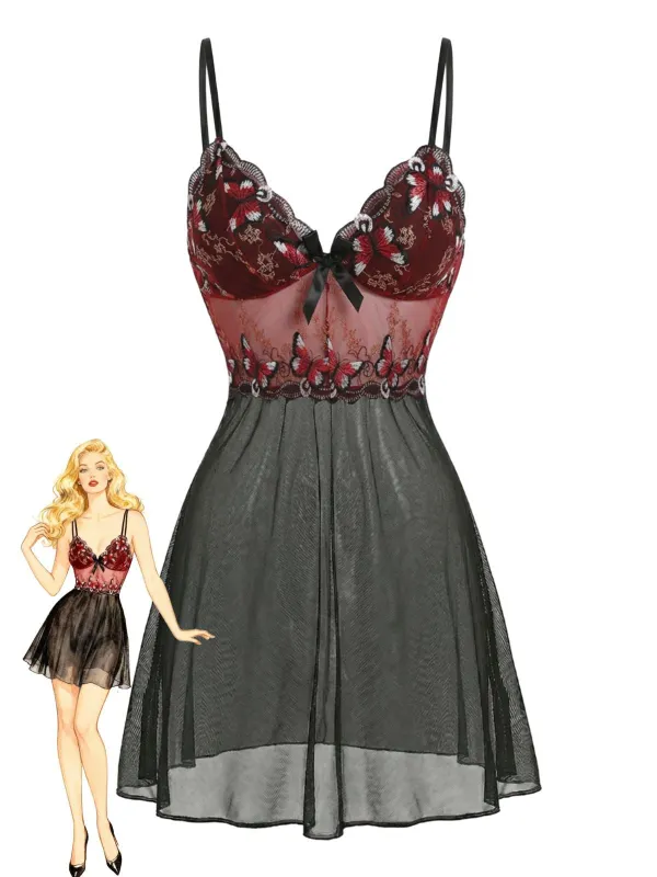 Black 1960s Butterfly Embroidered Bow Mesh Strap Nightgown sold by Retro Stage