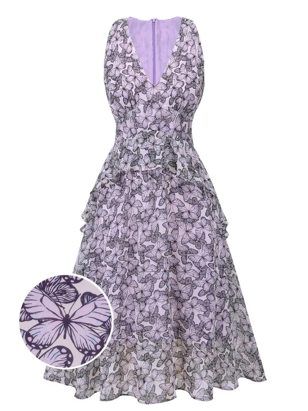Purple 1930s Butterfly V-Neck Sleeveless Dress sold by Retro Stage
