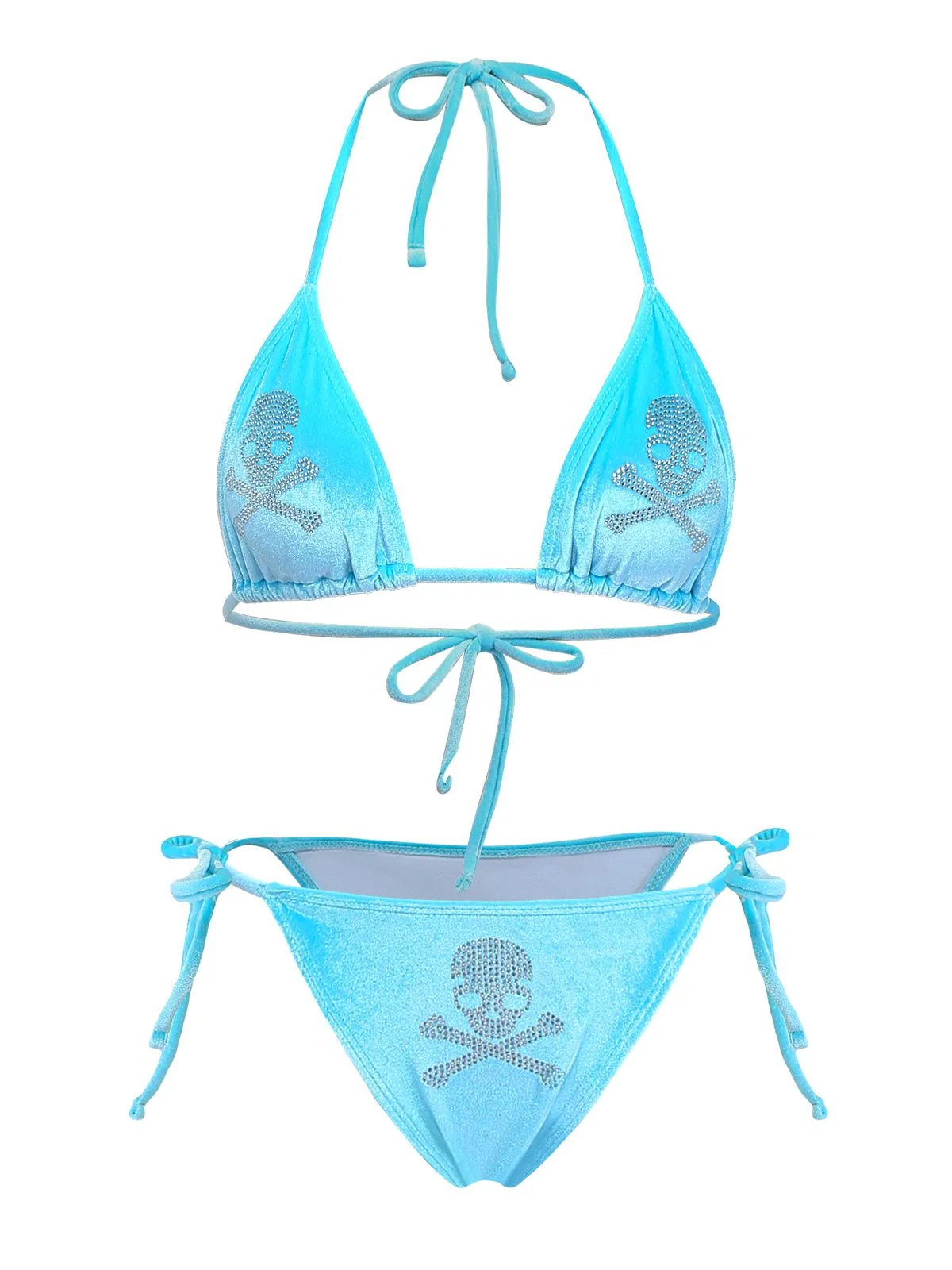 Blue 1980s Velvet Rhinestone Skull Print Bikini Set sold by Retro Stage product image thumbnail 2