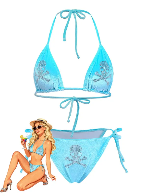 Blue 1980s Velvet Rhinestone Skull Print Bikini Set sold by Retro Stage