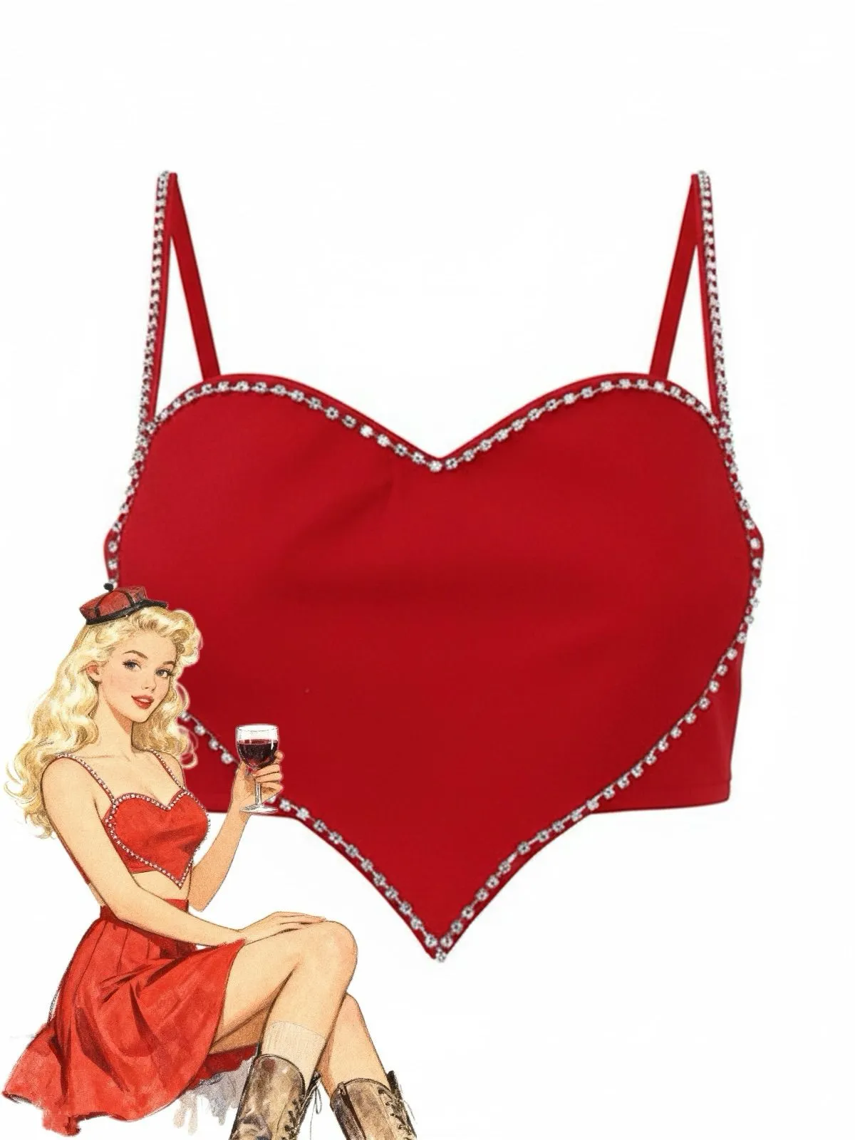 Red 1980s Valentine’s Day Heart-Shaped Rhinestone Crop Top sold by Retro Stage