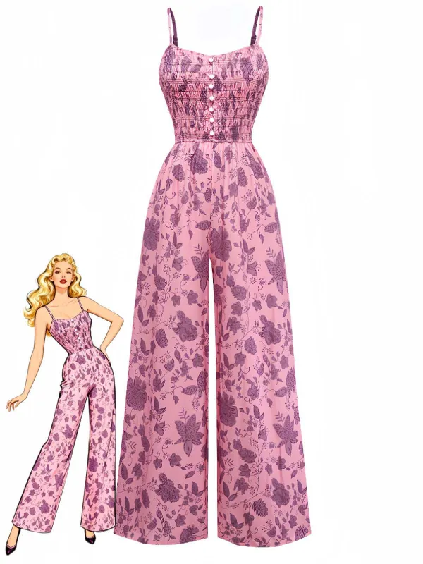 Pink 1970s Spaghetti Strap Floral Smocked Jumpsuit sold by Retro Stage