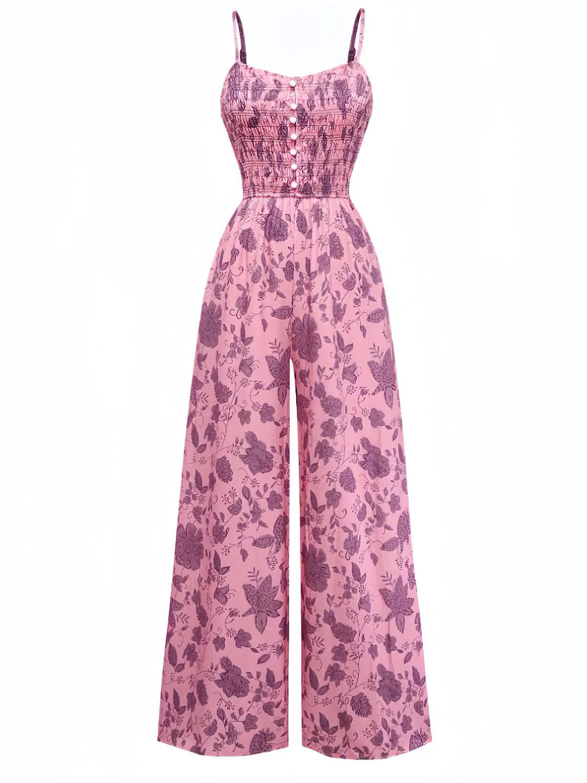 Pink 1970s Spaghetti Strap Floral Smocked Jumpsuit sold by Retro Stage product image thumbnail 2