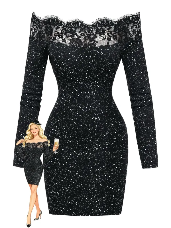 Black 1980s Lace Off-Shoulder Metallic Silver Splash Bodycon Dress sold by Retro Stage