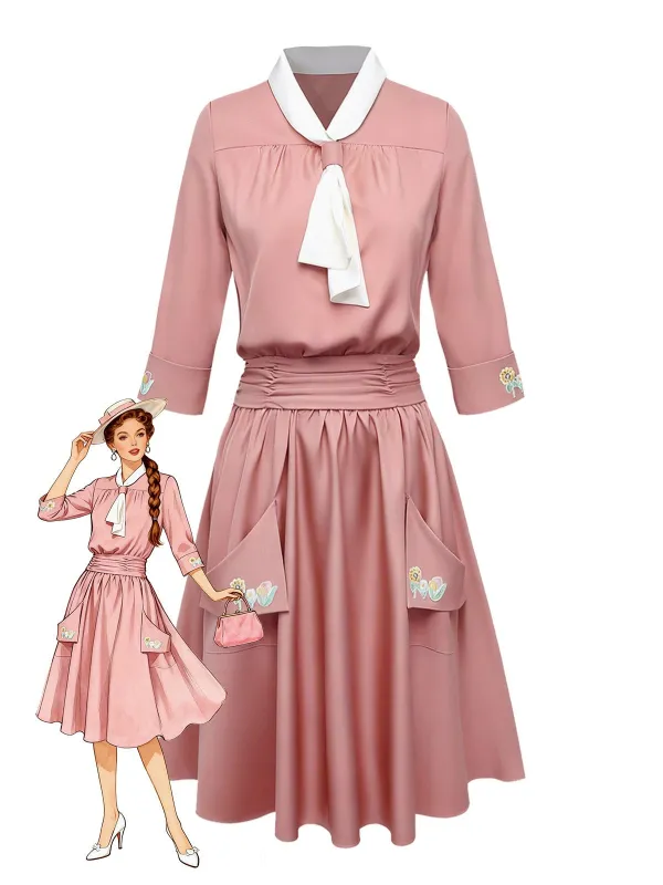 [Pre-Sale] Pink 1920s Tie Neck Embroidery Large Pockets Dress sold by Retro Stage