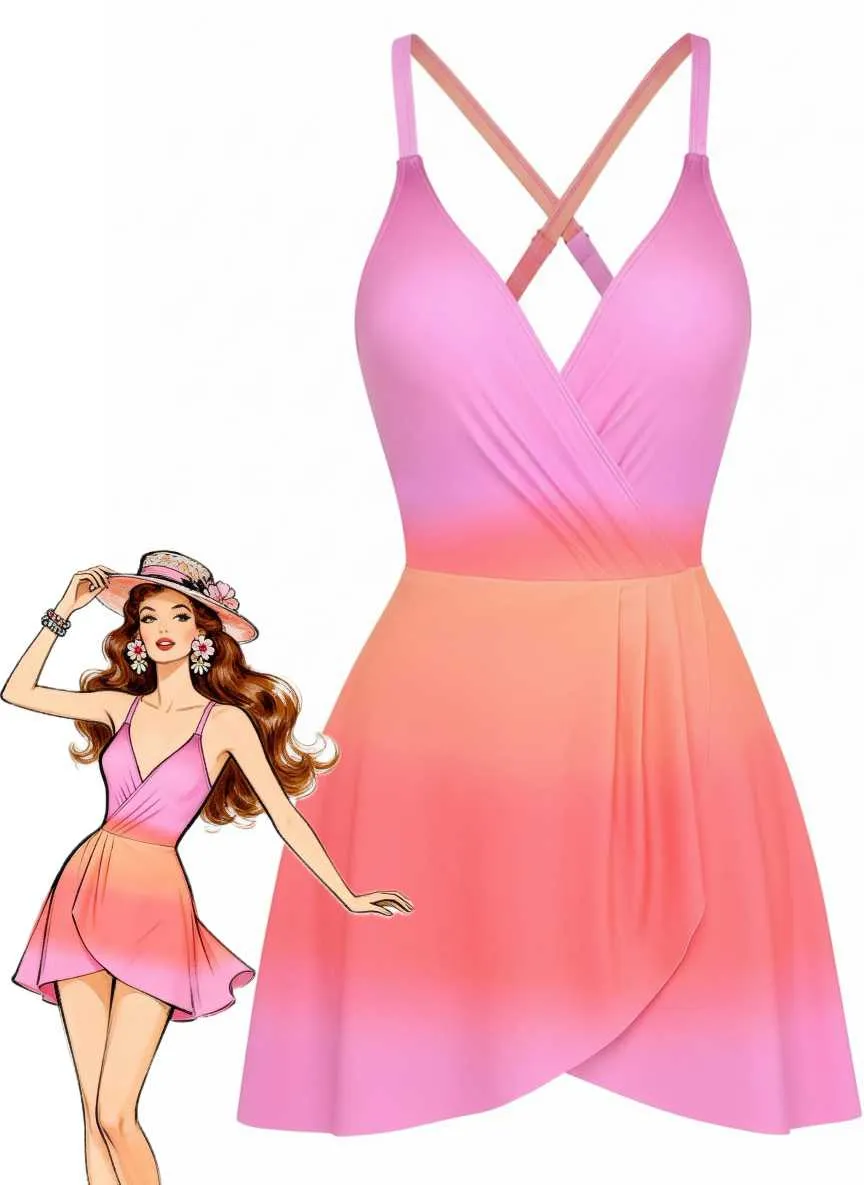 1930s Spaghetti Strap Ombre One-Piece Swimdress sold by Retro Stage