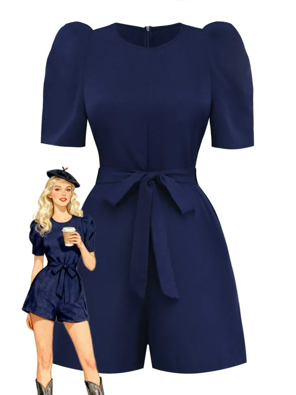 Navy Blue 1980s Belted Solid Romper sold by Retro Stage