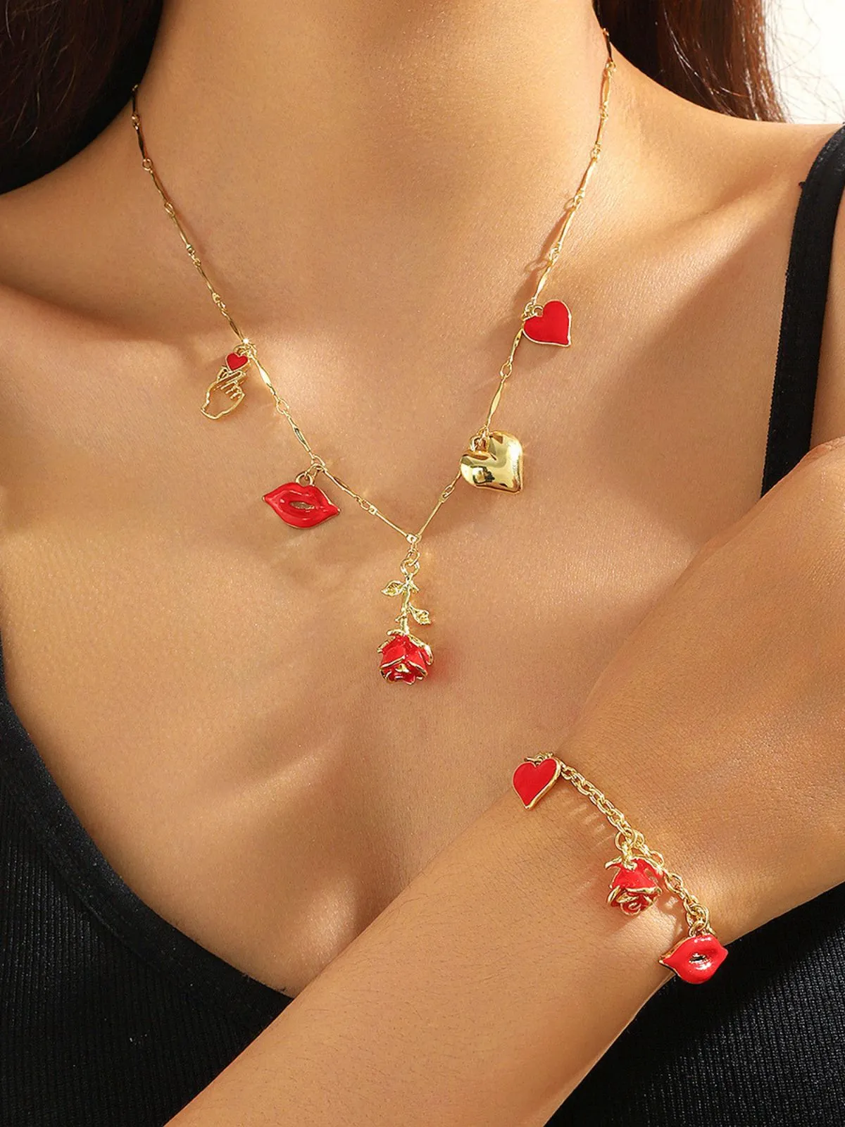 Red Valentine's Rose Heart Lips Necklace & Bracelet Set sold by Retro Stage