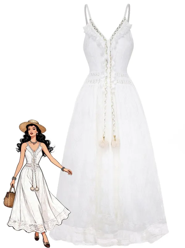 White 1970s V-Neck Boho Lace Maxi Dress sold by Retro Stage