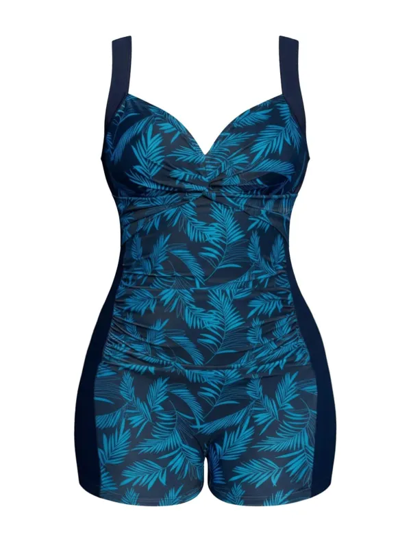 [Plus Size] Deep Blue 1980s Botanical Print One-Piece Swimsuit sold by Retro Stage
