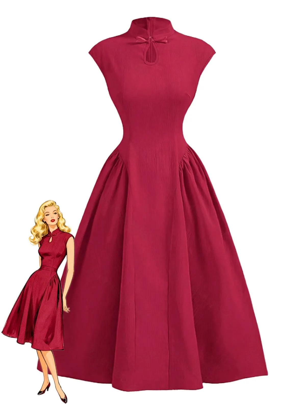 Red 1950s Cap Sleeve Stand Collar A-line Dress sold by Retro Stage