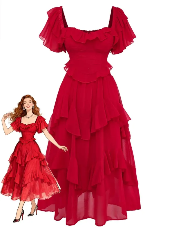 1950s Ruffle Tiered Off-Shoulder Maxi Dress sold by Retro Stage