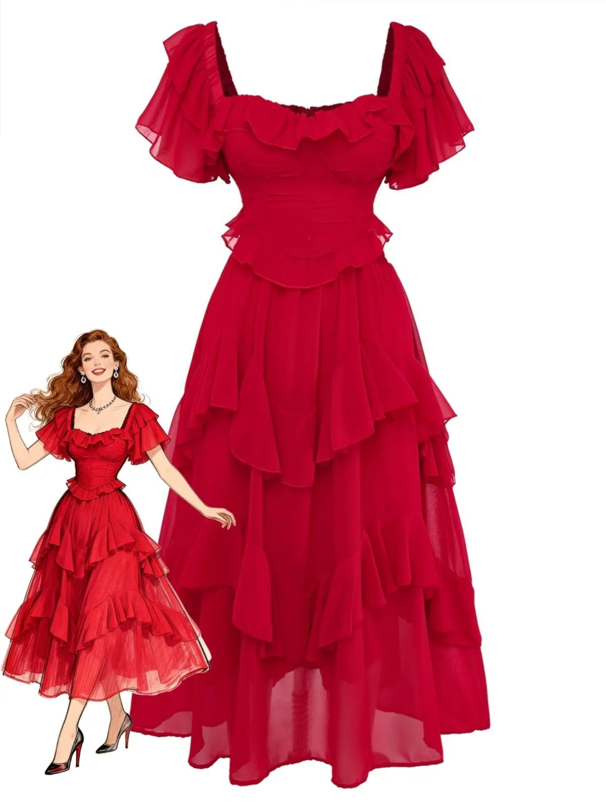 1950s Ruffle Tiered Off-Shoulder Maxi Dress sold by Retro Stage