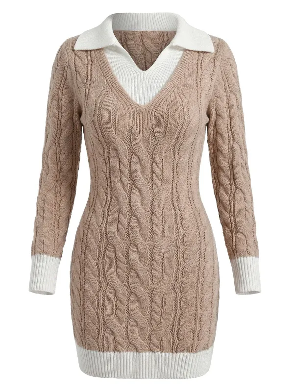 Beige 1960s Cable V-Neck Knit Sweater Bodycon Dress made by Retro Stage