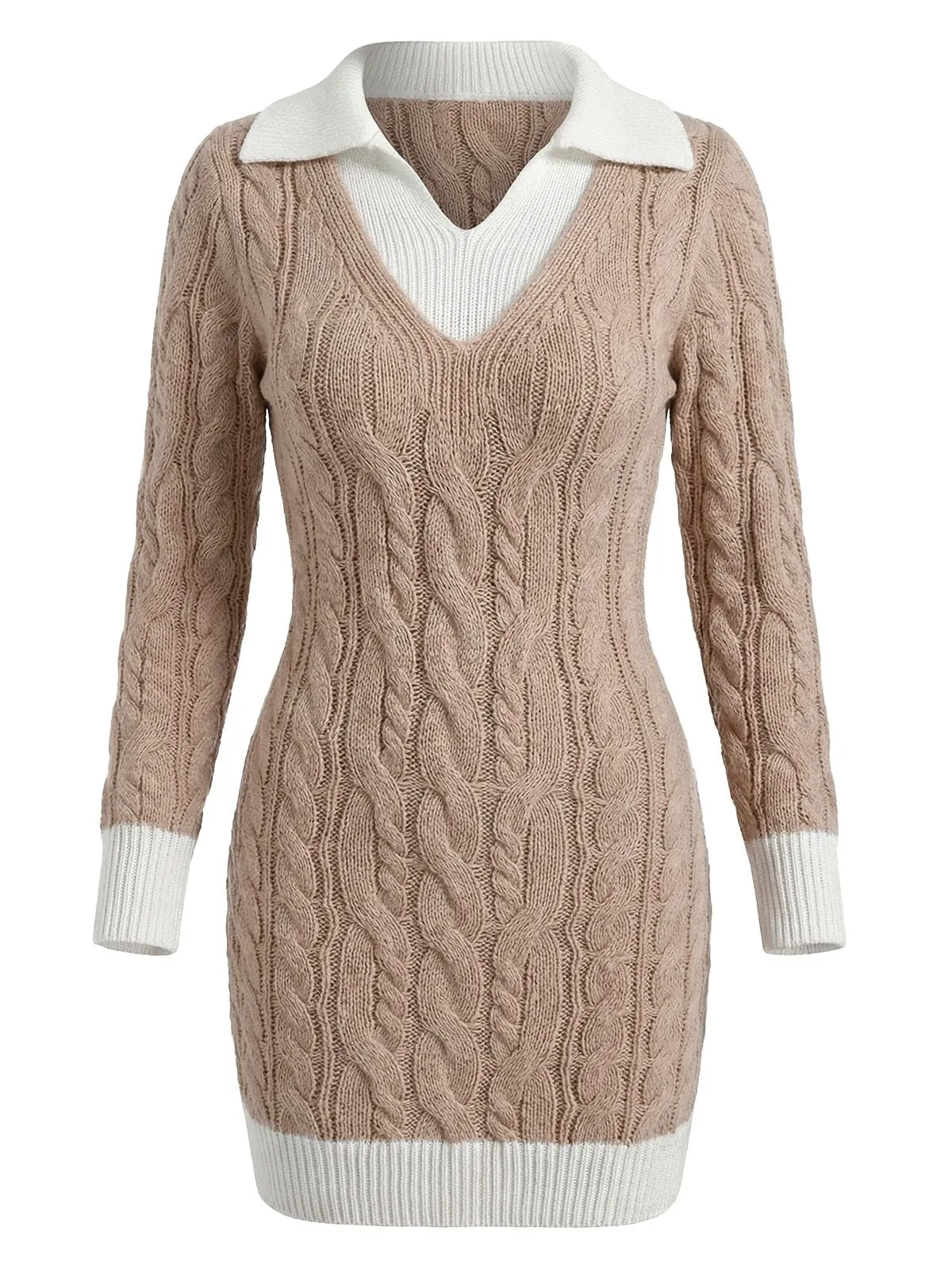 Beige 1960s Cable V-Neck Knit Sweater Bodycon Dress sold by Retro Stage