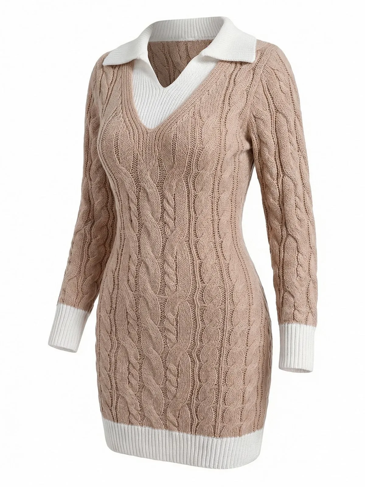 Beige 1960s Cable V-Neck Knit Sweater Bodycon Dress sold by Retro Stage product image thumbnail 2