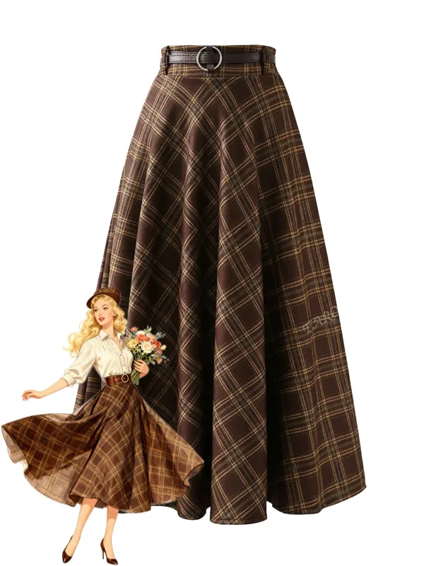 Brown 1980s Plaid Belted Midi Skirt sold by Retro Stage