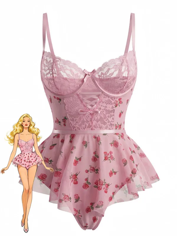 Pink 1930s Slip Roses Bow Lace Sleepwear sold by Retro Stage