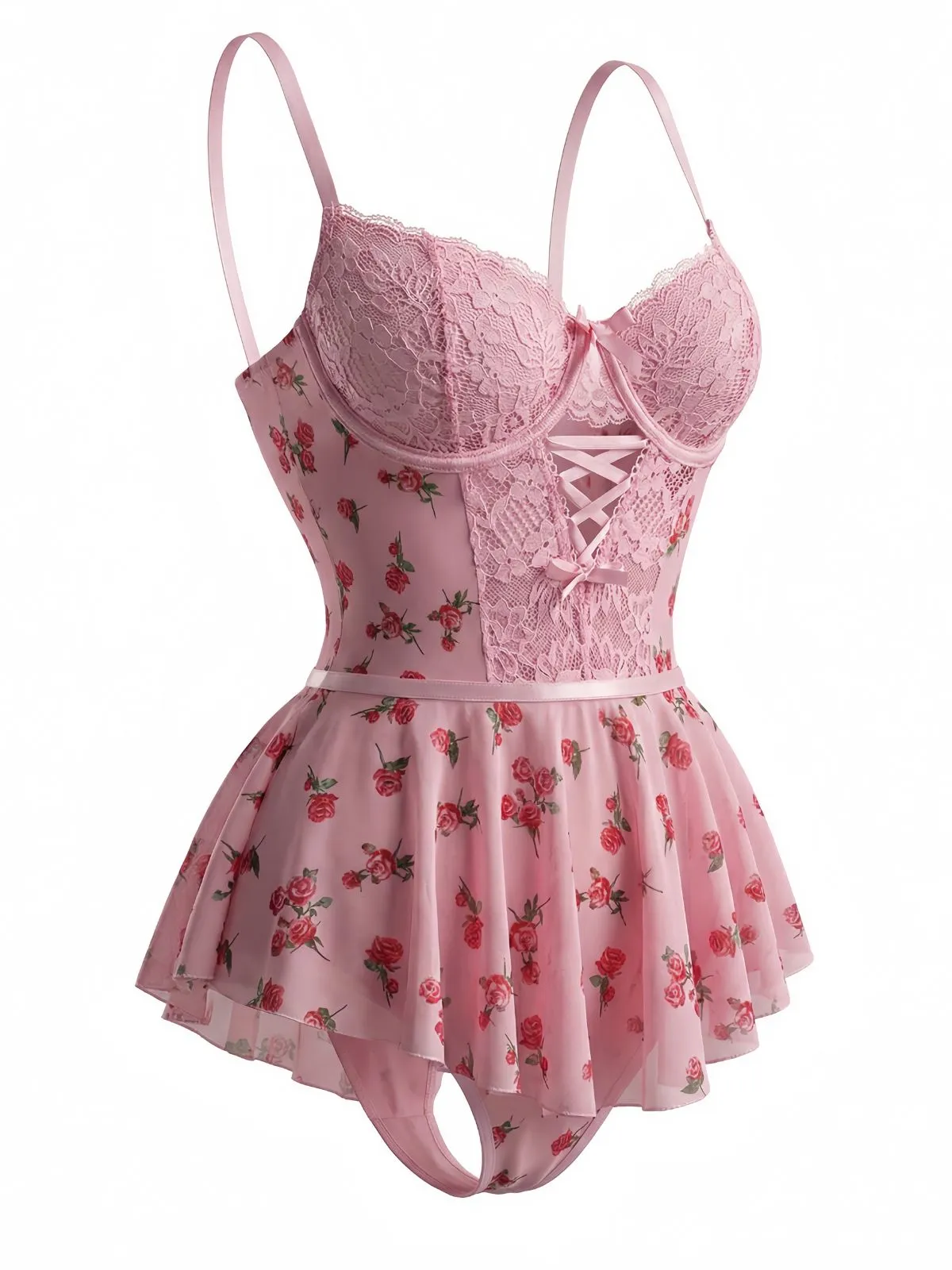 Pink 1930s Slip Roses Bow Lace Sleepwear sold by Retro Stage product image thumbnail 3