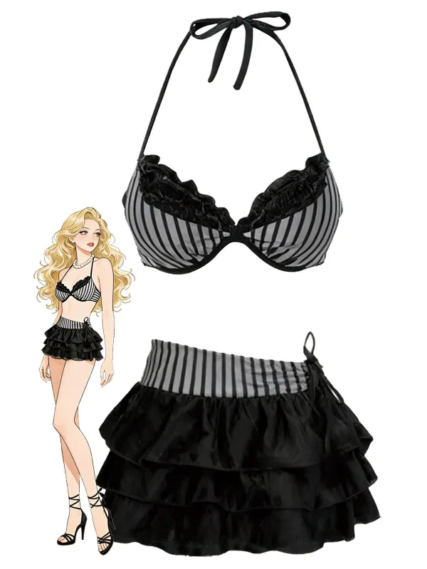 [Pre-Sale] 2PCS Grey 1960s Striped Halter Bikini Set & Tiered Cover-Up sold by Retro Stage