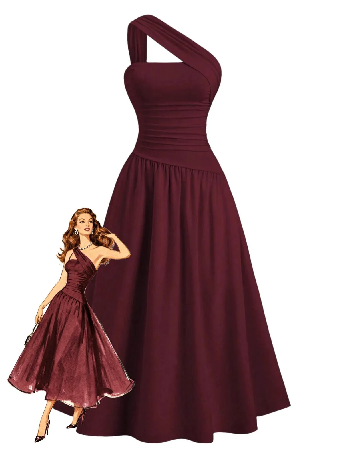 1930s Solid Surplice One-Shoulder Waist Ruched Dress sold by Retro Stage