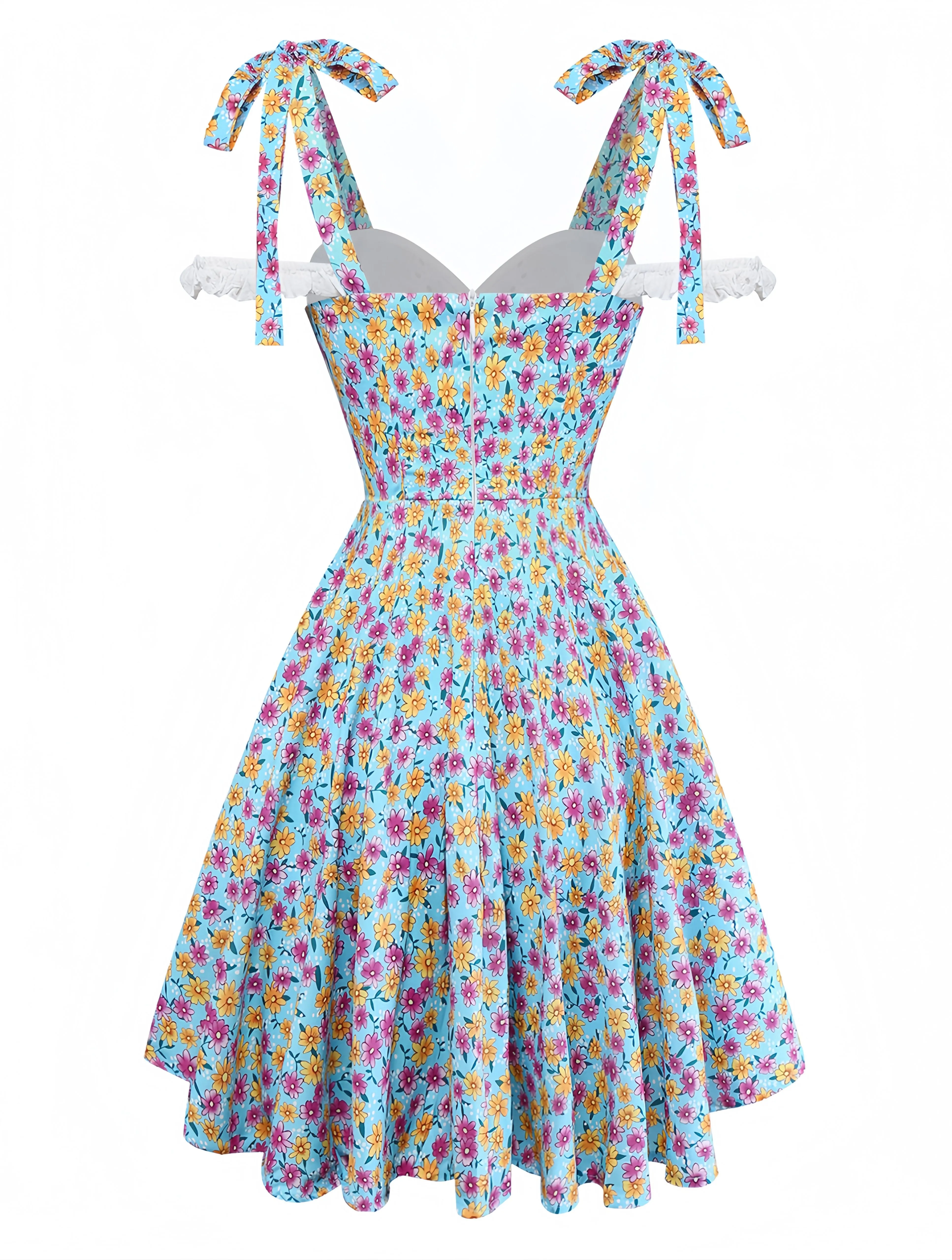 Blue 1960s Daisy Floral V-Neck Slit Short Dress sold by Retro Stage product image thumbnail 3