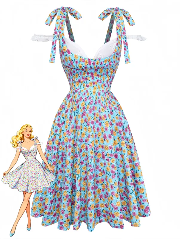 Blue 1960s Daisy Floral V-Neck Slit Short Dress sold by Retro Stage