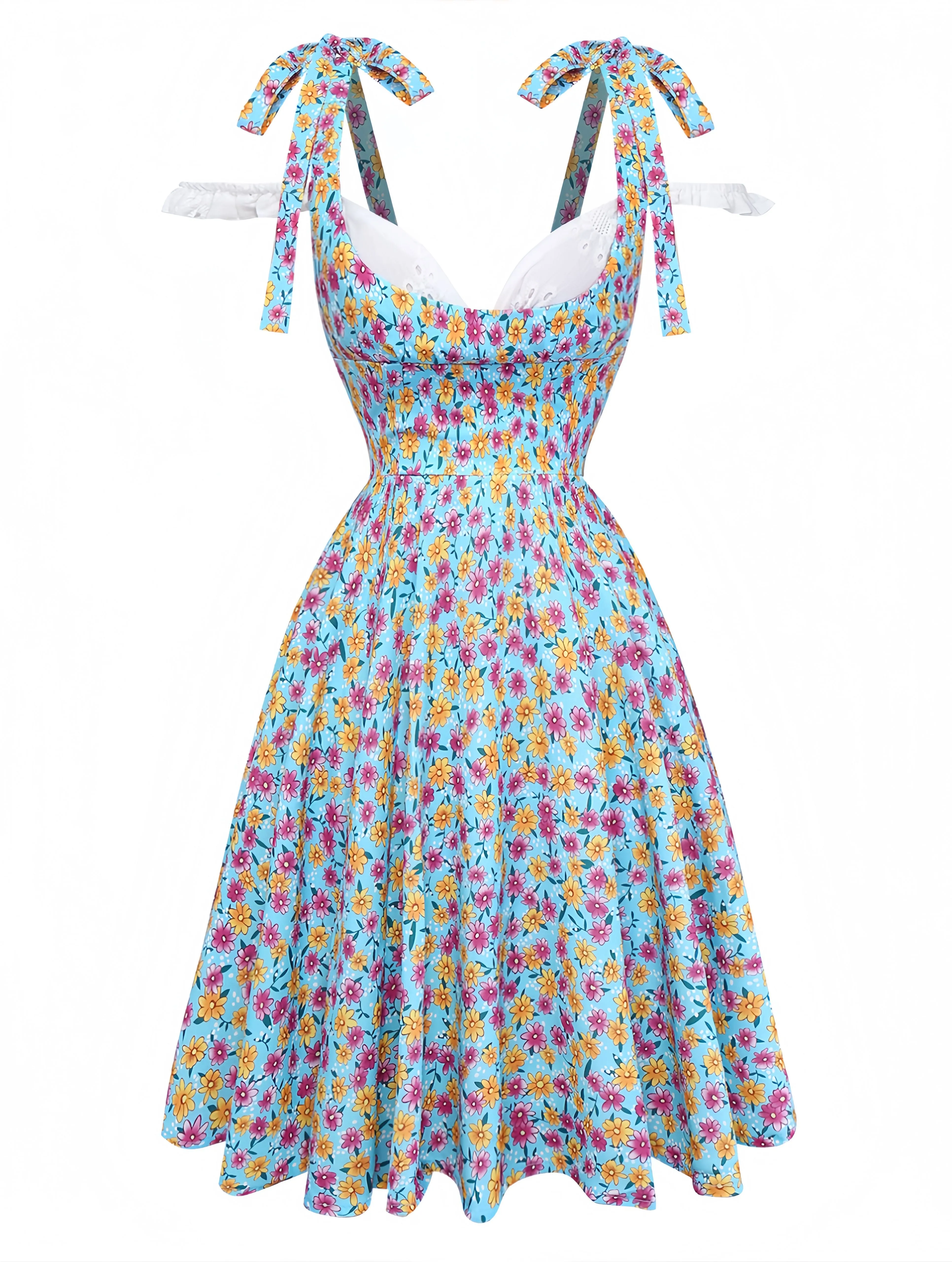 Blue 1960s Daisy Floral V-Neck Slit Short Dress sold by Retro Stage product image thumbnail 2