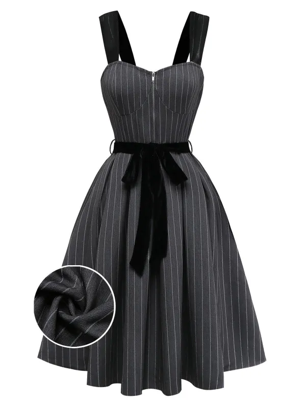 [Pre-Sale] Gray 1950s Velvet Straps Belt Pinstripe Dress sold by Retro Stage