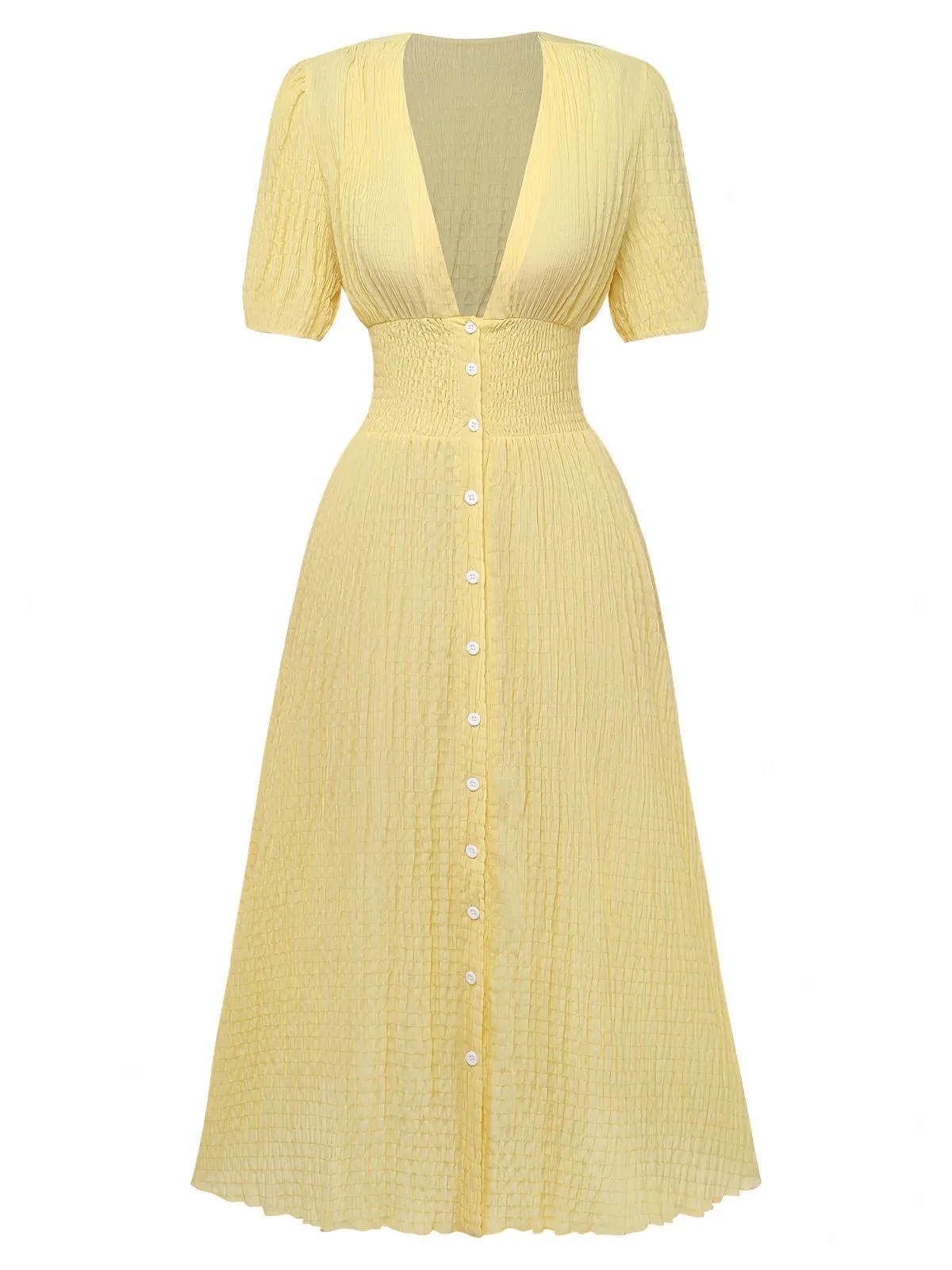 Yellow 1940s Puff Sleeve Button-Down Midi Dress sold by Retro Stage product image thumbnail 2