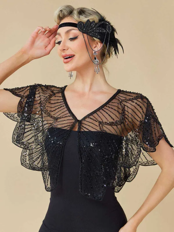 [Pre-Sale] 1920s Gatsby Mesh Sequins Petal Hem Cape sold by Retro Stage