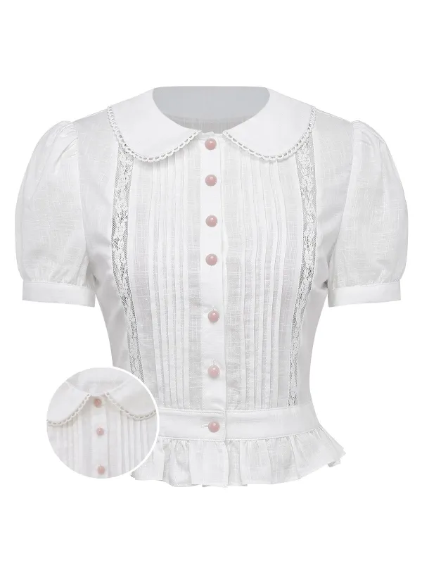 [Pre-Sale] White 1950s Cotton Peter Pan Collar Tucked Lace Blouse sold by Retro Stage