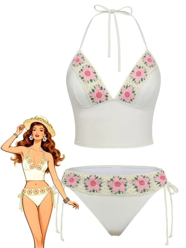 1950s Embroidered Handmade Floral High Waist Bikini Set sold by Retro Stage