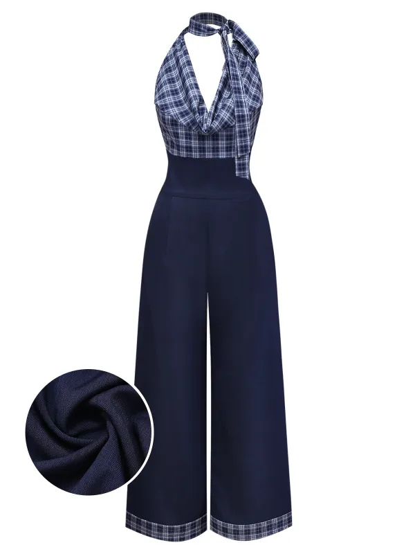 [Pre-Sale] Dark Blue 1940s Halter Cowl Neck Plaid Jumpsuit sold by Retro Stage