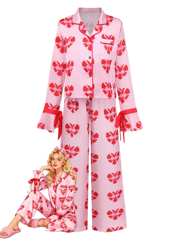 Pink 1980s Heart Bow Satin Pajama Set sold by Retro Stage