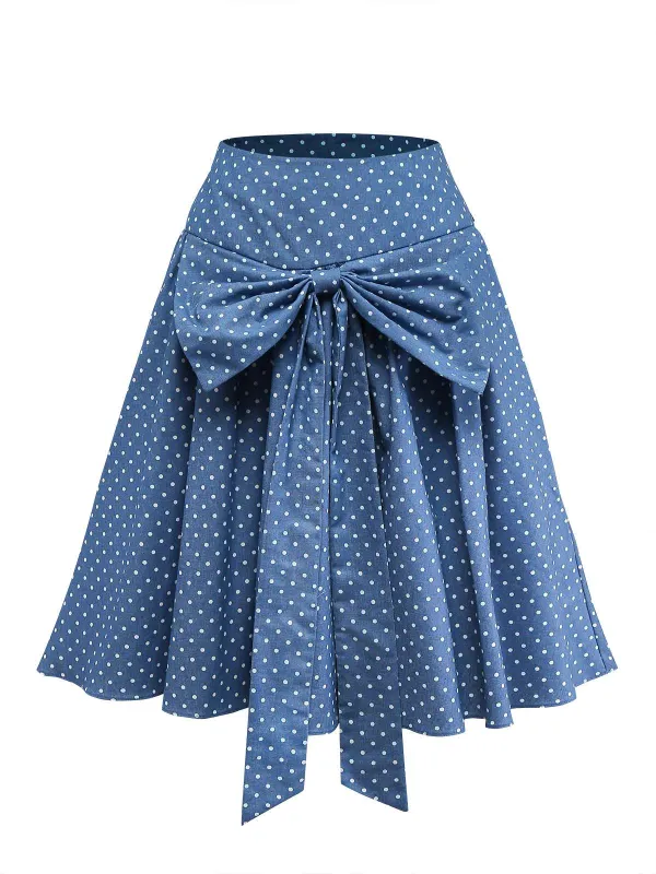 [Pre-Sale] Blue 1940s Denim Polka Dot Bow Pleated Skirt sold by Retro Stage