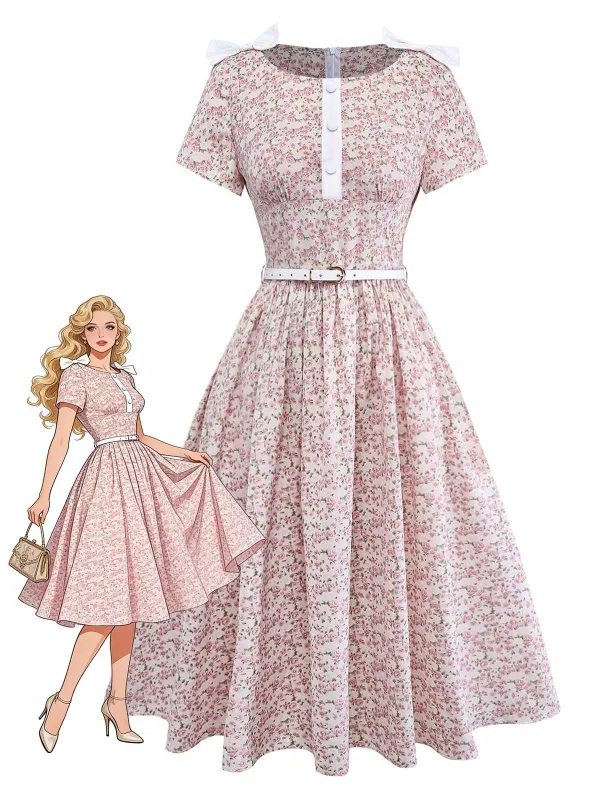 [Pre-Sale] Pink 1940s Ditsy Floral Bow Belted Dress made by Retro Stage