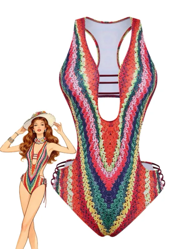 [Pre-Sale] Multicolor 1960s Rainbow Cutout Strappy Faux Crochet Swimsuit sold by Retro Stage