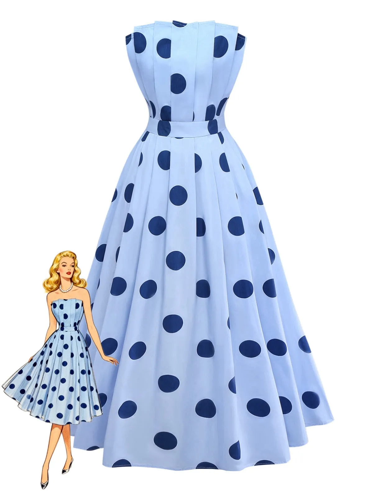 Blue 1940s Polka Dot Strapless Pleated Dress sold by Retro Stage