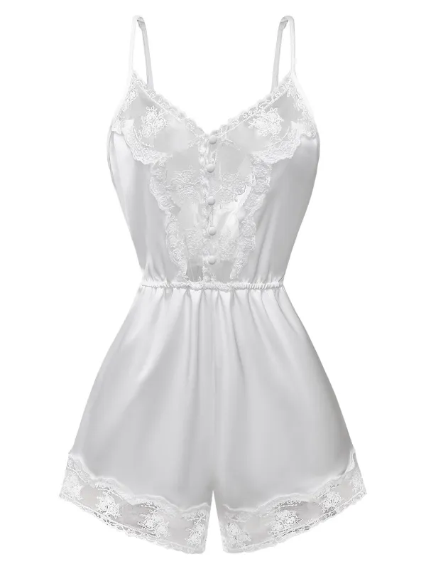 [Pre-Sale] White 1960s Lace Trim Camisole Romper Pajamas sold by Retro Stage